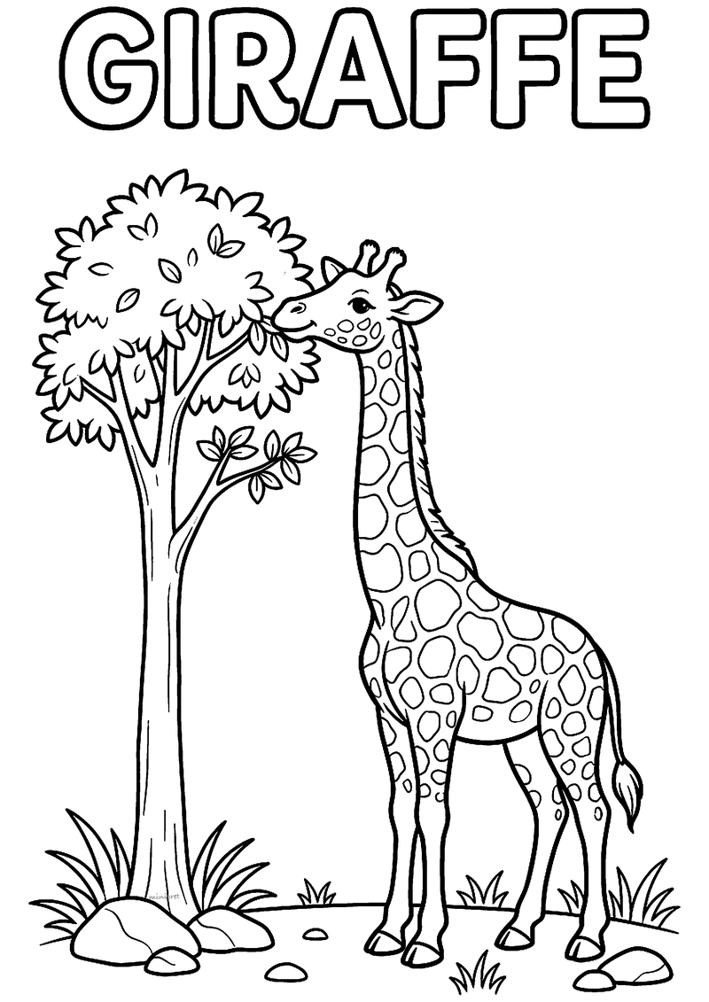 Kleurplaat van een giraffe die met haar lange nek blaadjes uit een boom eet, met het woord GIRAFFE erboven