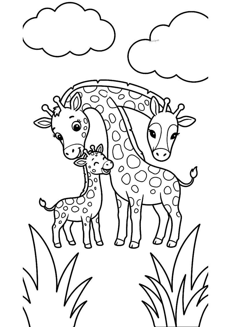 Kleurplaat van twee grote gevlekte giraffen met een kleine babygiraffe tussen de graspollen onder de wolken