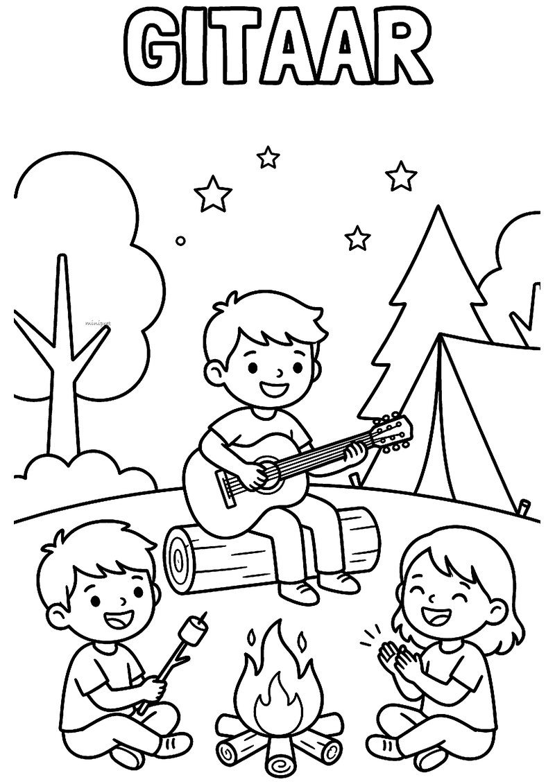 Kleurplaat van een jongen die gitaar speelt bij het kampvuur, met een vriendje met marshmallow en een klappend meisje