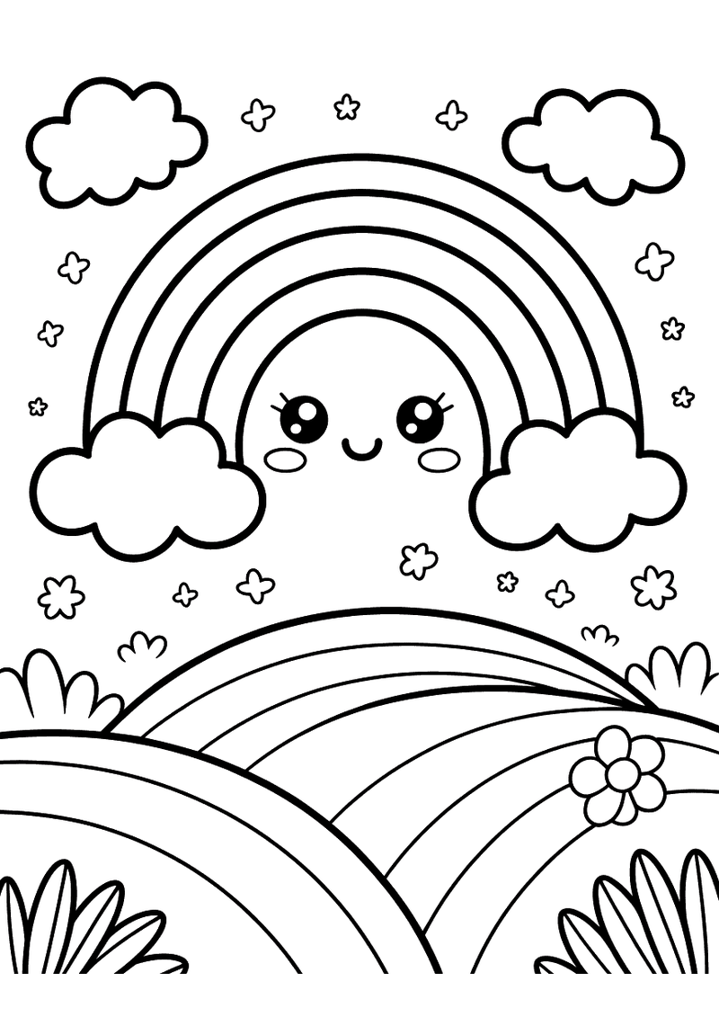Kawaii kleurplaat van een grote glimlachende regenboog die tussen twee wolken staat met sterren in de lucht en gras en b