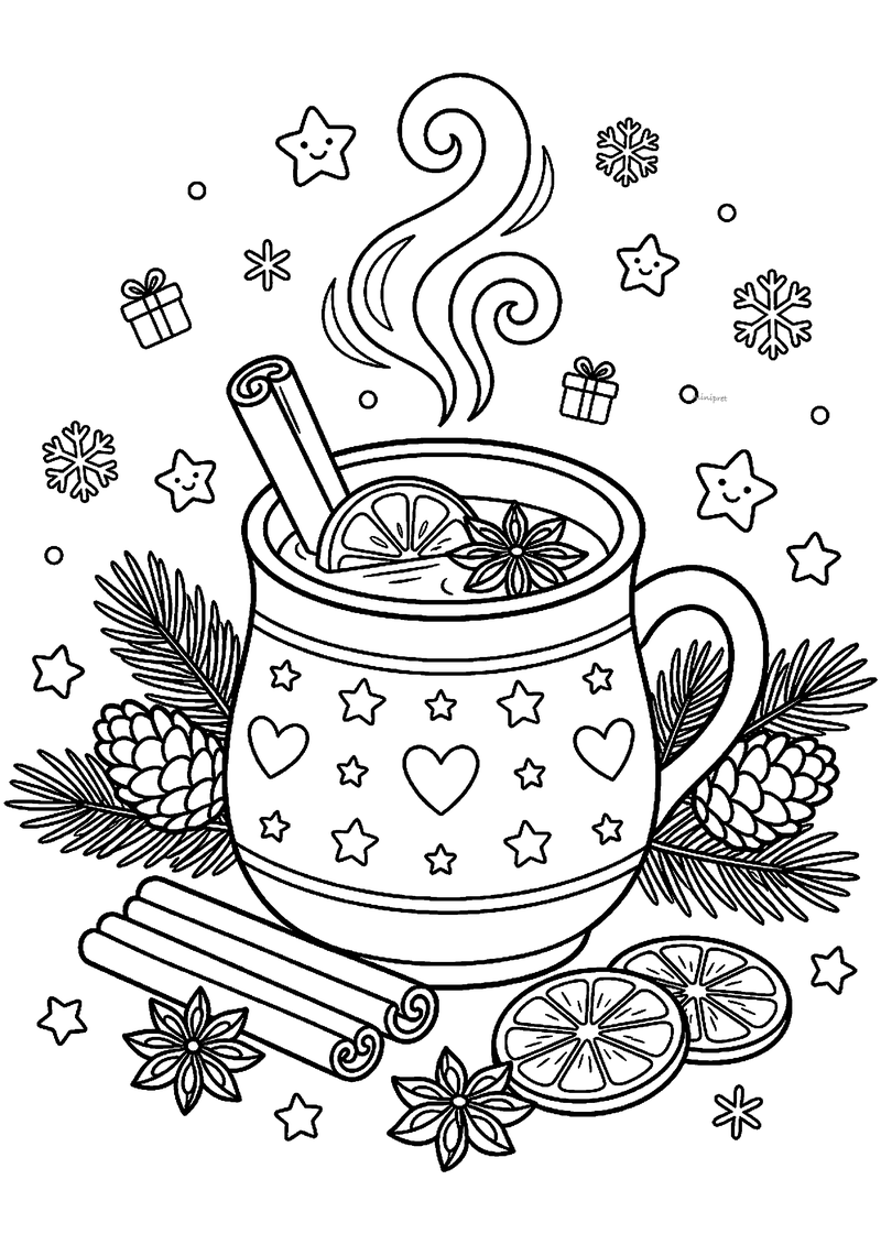 Kleurplaat van grote mok gluhwein met harten en sterren, kaneelstokje, steranijs en sinaasappelschijfjes