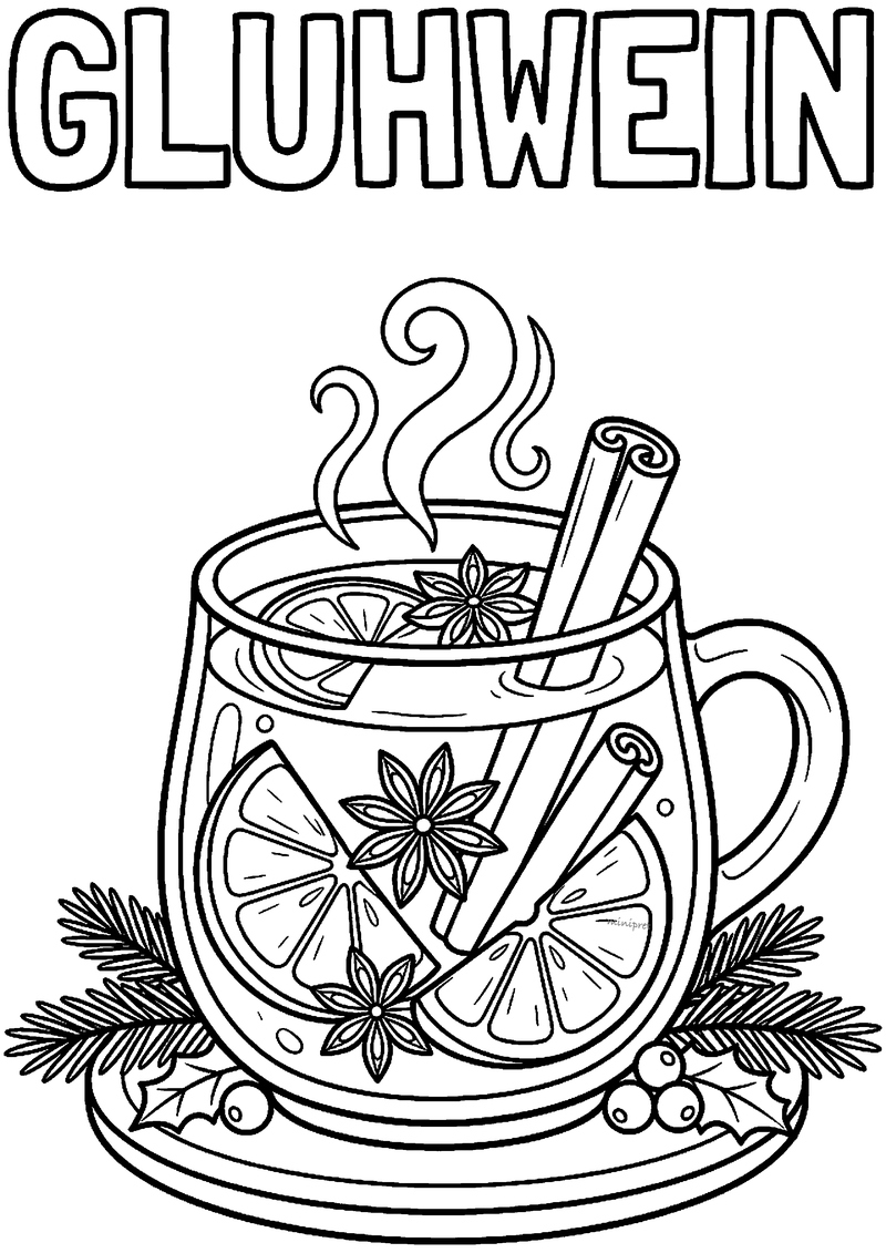 Kleurplaat met tekst GLUHWEIN boven glazen mok met sinaasappelschijfjes, kaneelstokje en steranijs op schotel