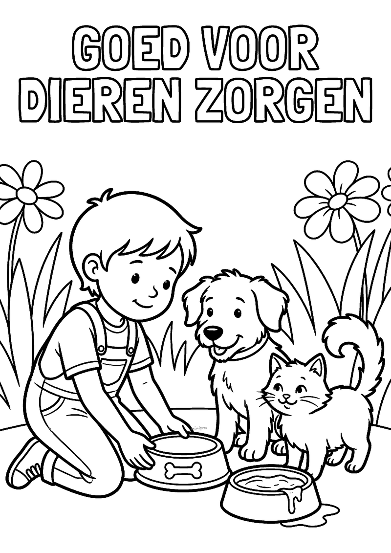 Kleurplaat met tekst Goed voor dieren zorgen: een jongen in tuinbroek zet een voerbak neer voor een hond en een kat