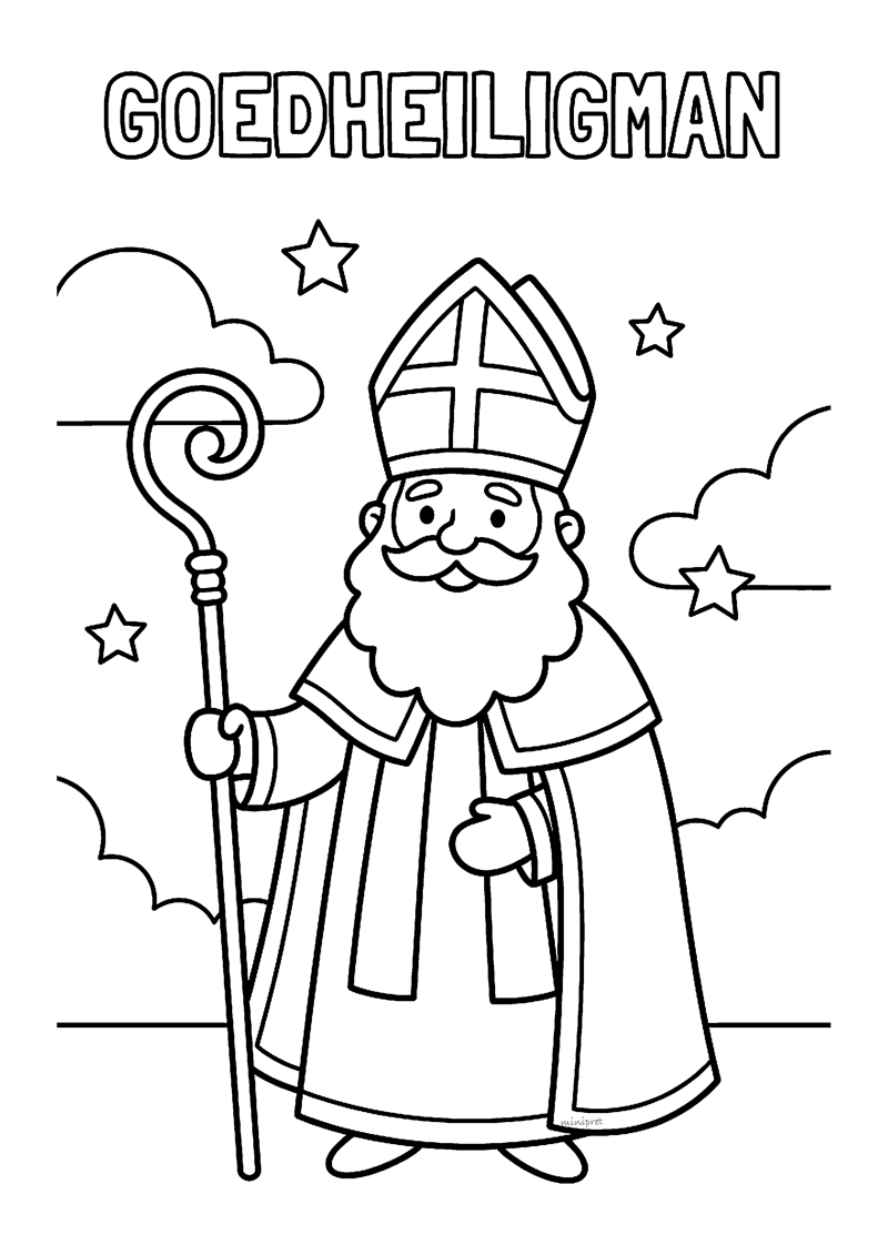 Kleurplaat van de goedheiligman Sinterklaas met grote baard, mijter en kromstaf, met titel GOEDHEILIGMAN en sterren