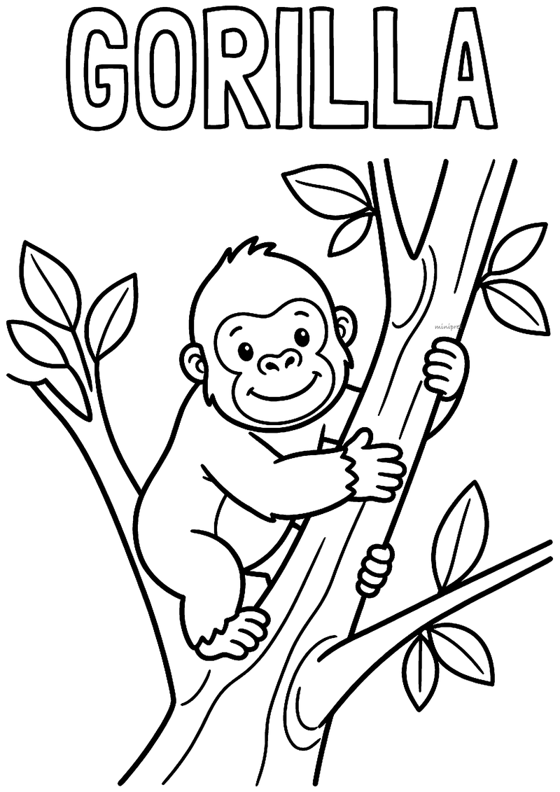 Kleurplaat van een lachende baby gorilla die met handen en voeten in een boom met bladeren klimt