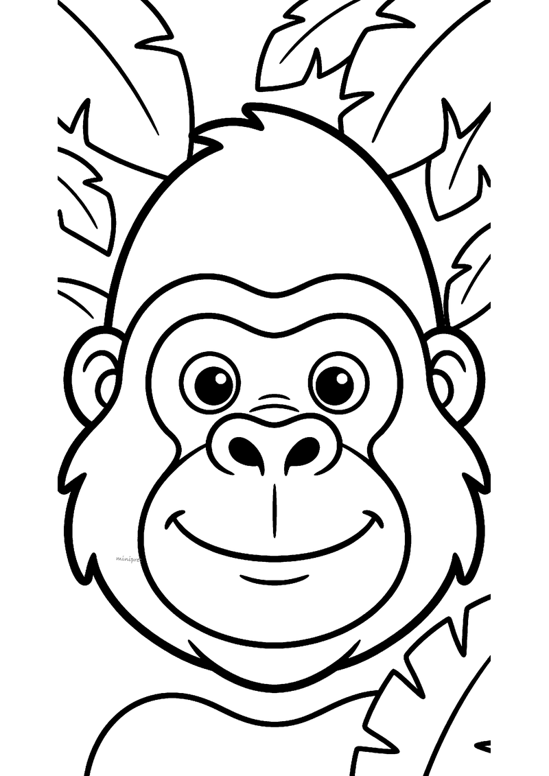 Kleurplaat van een groot lachend gorillagezicht van dichtbij met ronde ogen en brede neus, tussen junglebladeren