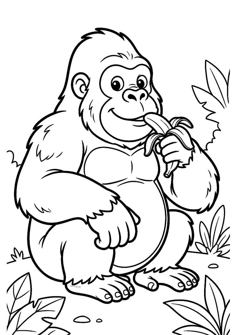 Kleurplaat van een grote gorilla die tevreden op de grond zit en een gepelde banaan eet tussen bladeren
