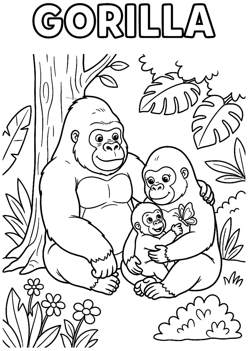 Kleurplaat van een gorillavader, gorillamoeder en baby die samen onder een boom zitten, met GORILLA erboven