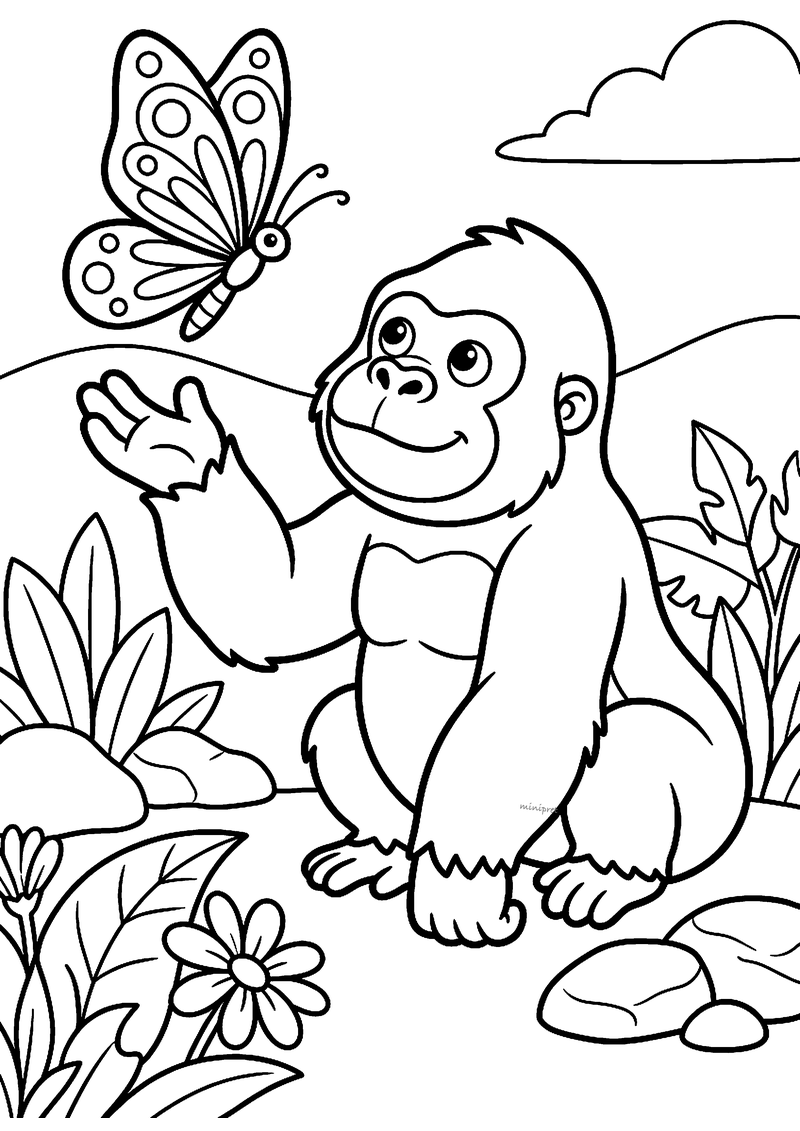 Kleurplaat van een jonge gorilla die zit en zijn hand uitsteekt naar een vlinder, tussen planten, stenen en een bloem