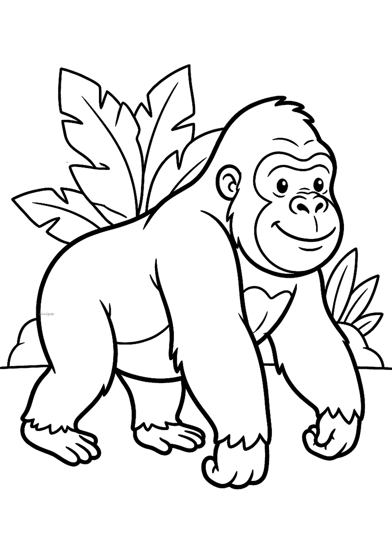 Kleurplaat van een lachende gorilla die op zijn knokkels en voeten loopt, met grote junglebladeren en struiken erachter