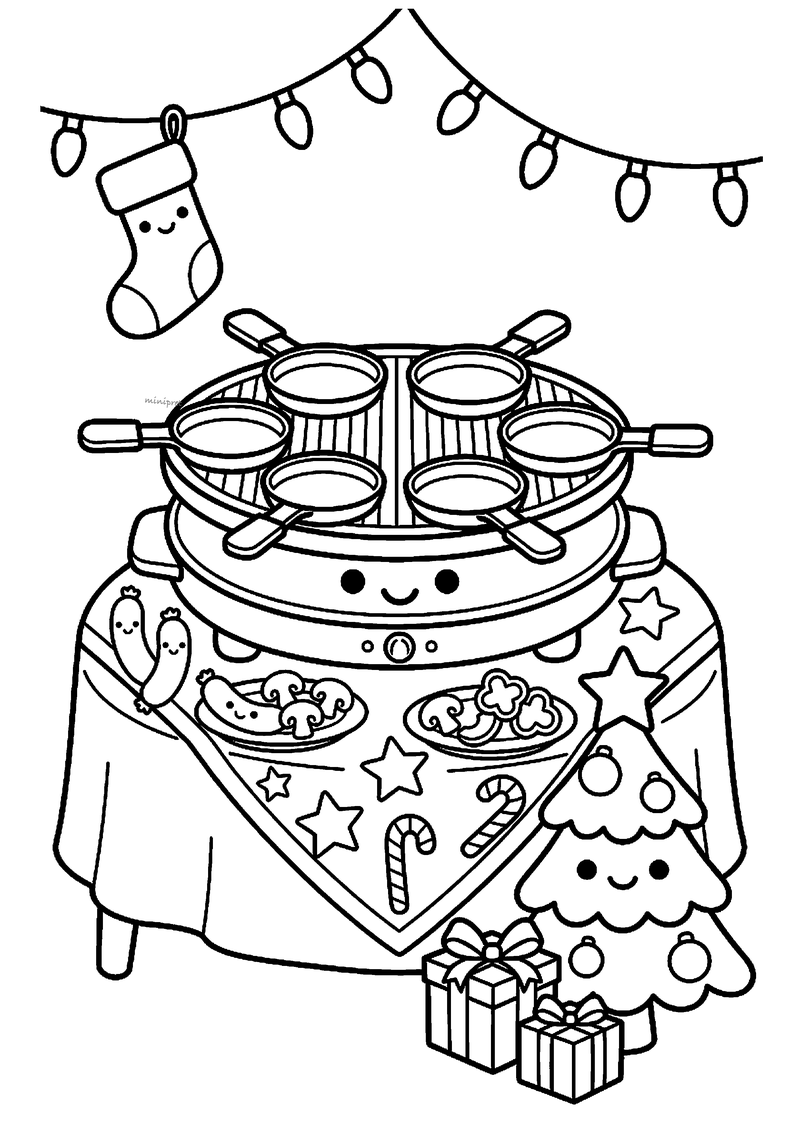 Kleurplaat van kawaii gourmetstel met zes pannetjes en vorkjes op feestelijk tafelkleed met kerstboompje