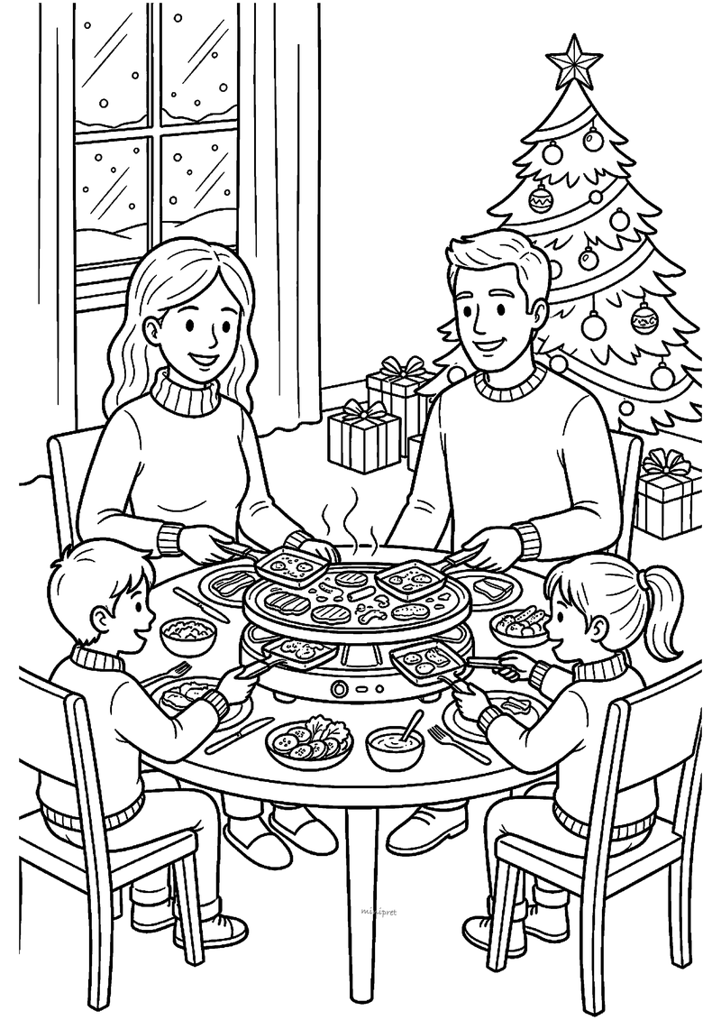 Kleurplaat van gezin van vier rond ronde tafel met dampend gourmetstel en schaaltjes voor kerstboom