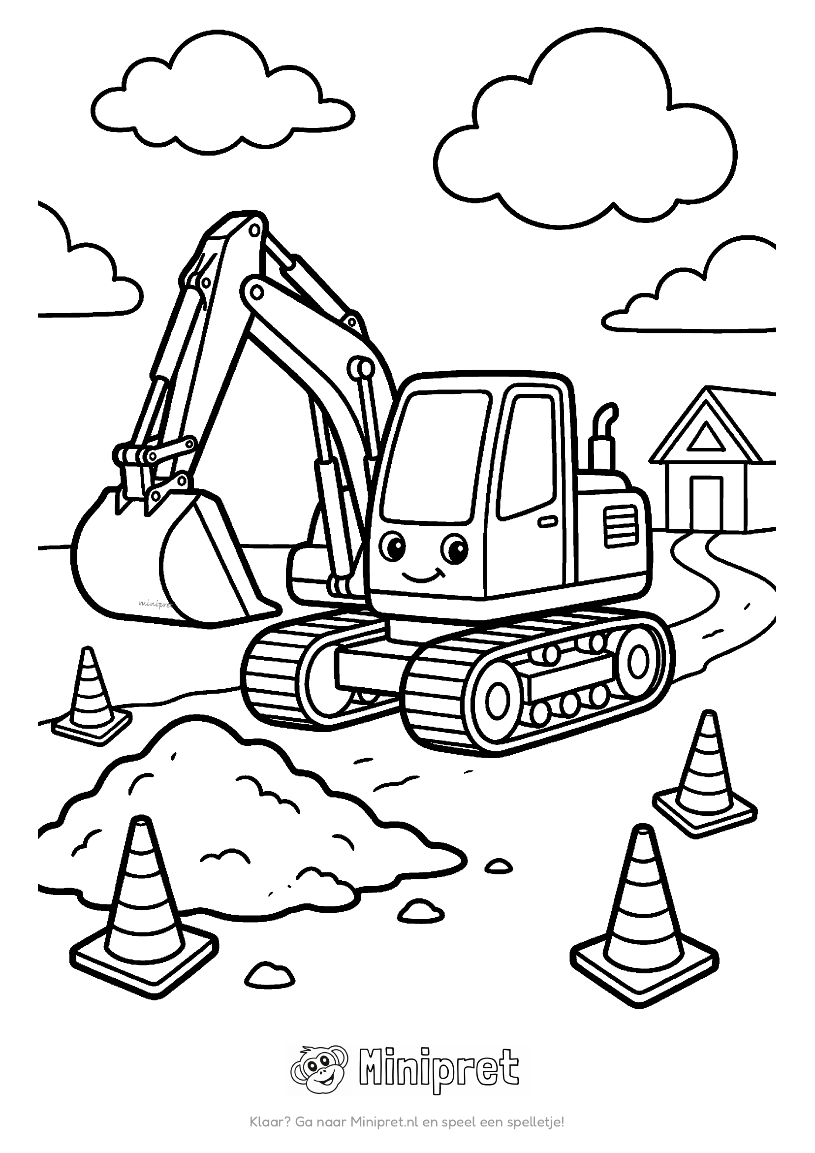 Vrolijke cartoon-graafmachine met rupsbanden en lange arm met bak, met zandhoop, kegels en huisje op de achtergrond