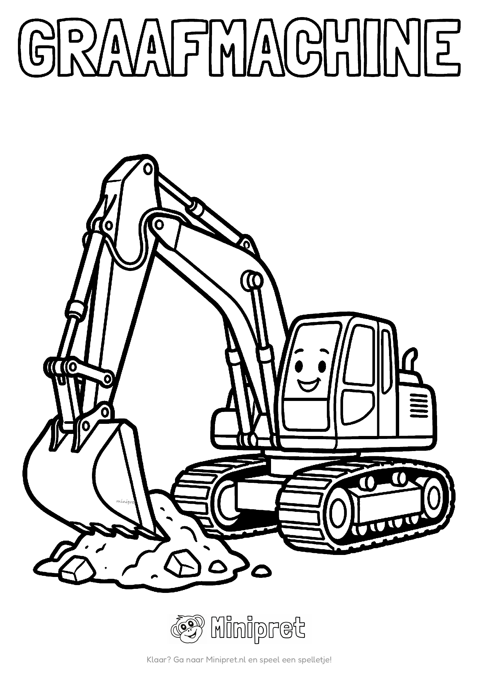 Cartoon-graafmachine met rupsbanden en grote arm met bak, met het woord GRAAFMACHINE in dikke letters erboven
