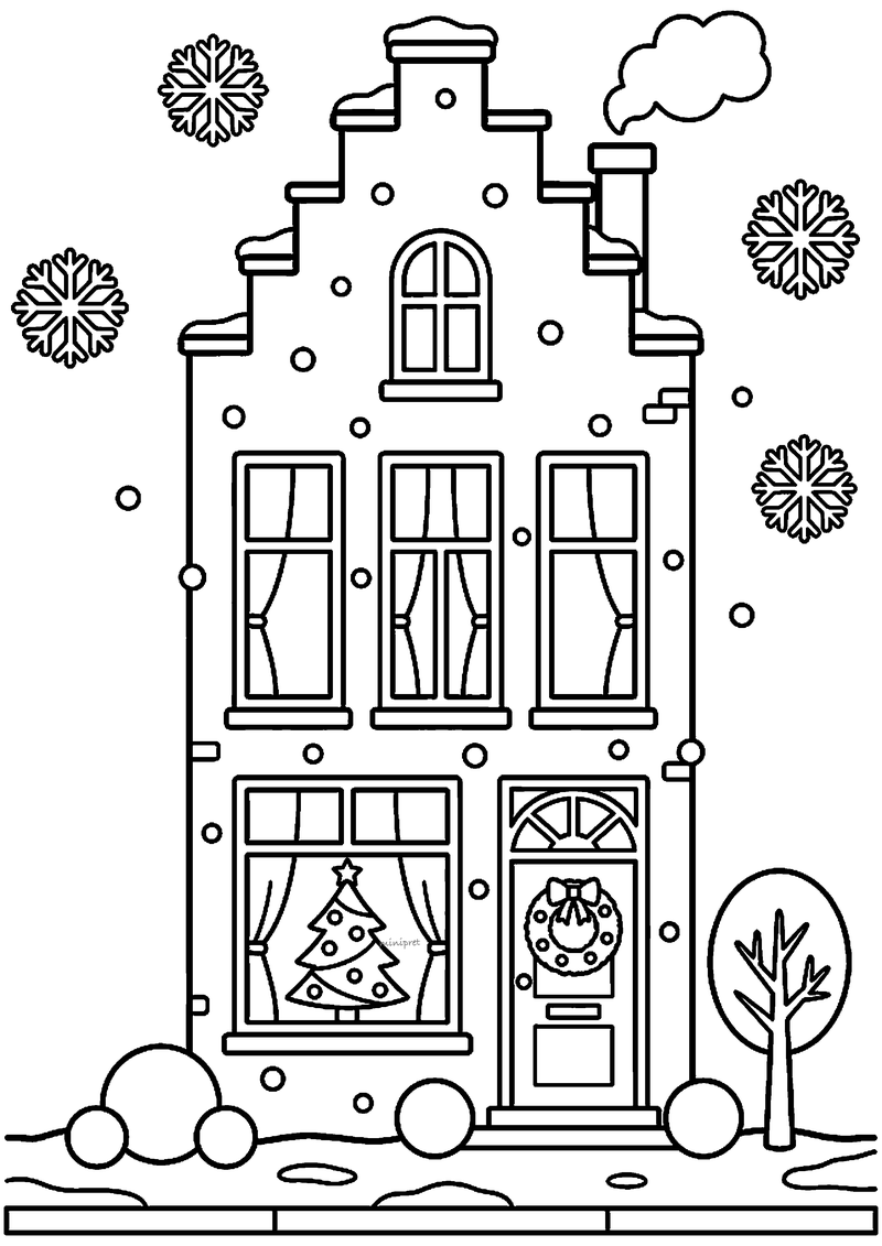 Kleurplaat van grachtenpand met klokgevel, besneeuwd dak, krans aan deur en kerstboompje in het raam