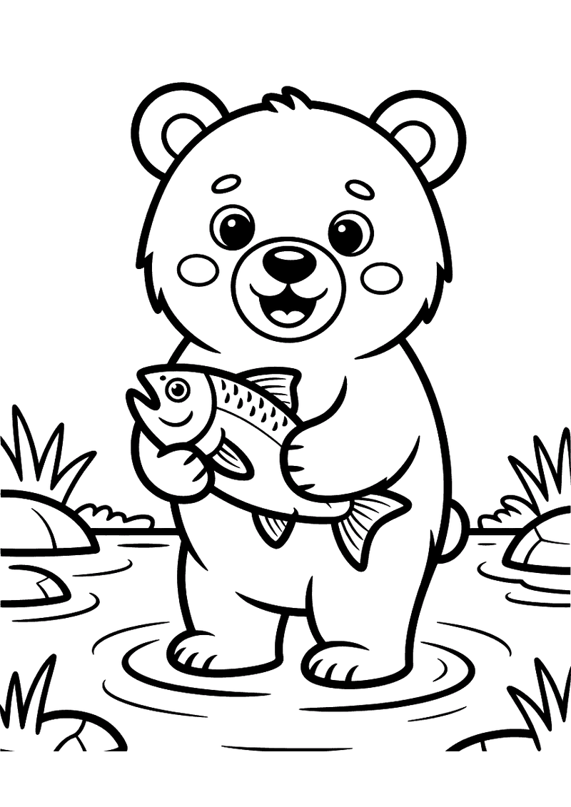 Kleurplaat van een grizzly beer die in een ondiepe rivier staat en een zalm stevig in zijn poten houdt