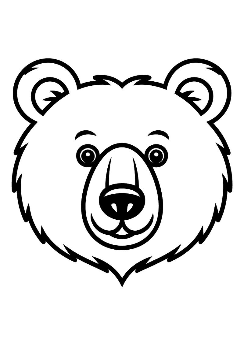 Kleurplaat van een realistisch grizzly beer portret in close-up met brede neus, ronde oren en zachte ogen