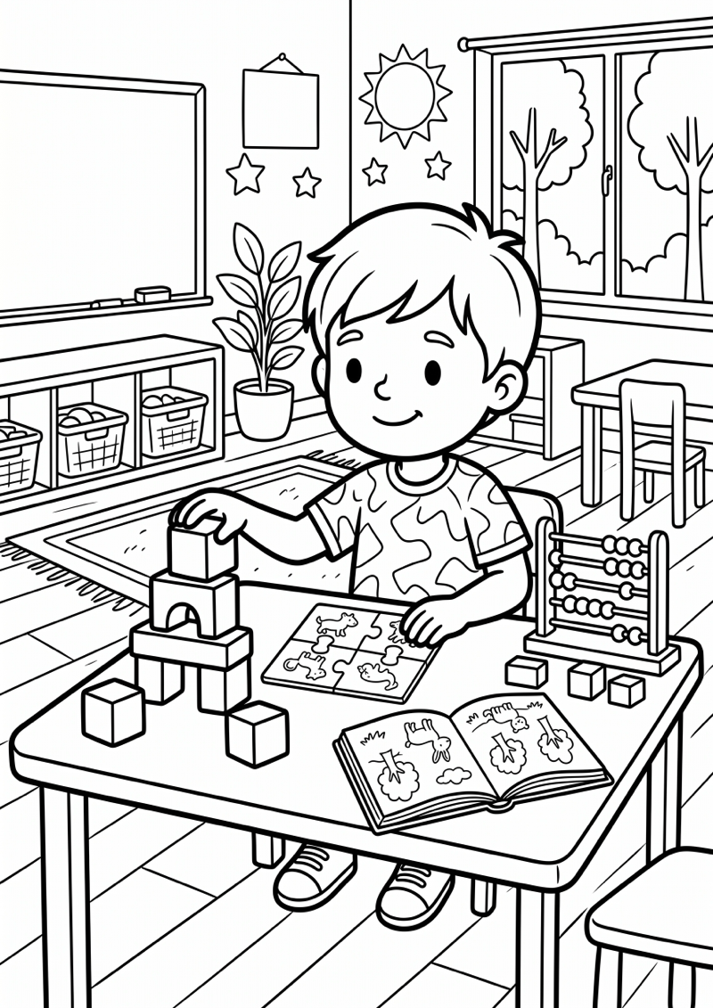 Groep 2 Kind met Puzzel Kleurplaat — gratis kleurplaat printen