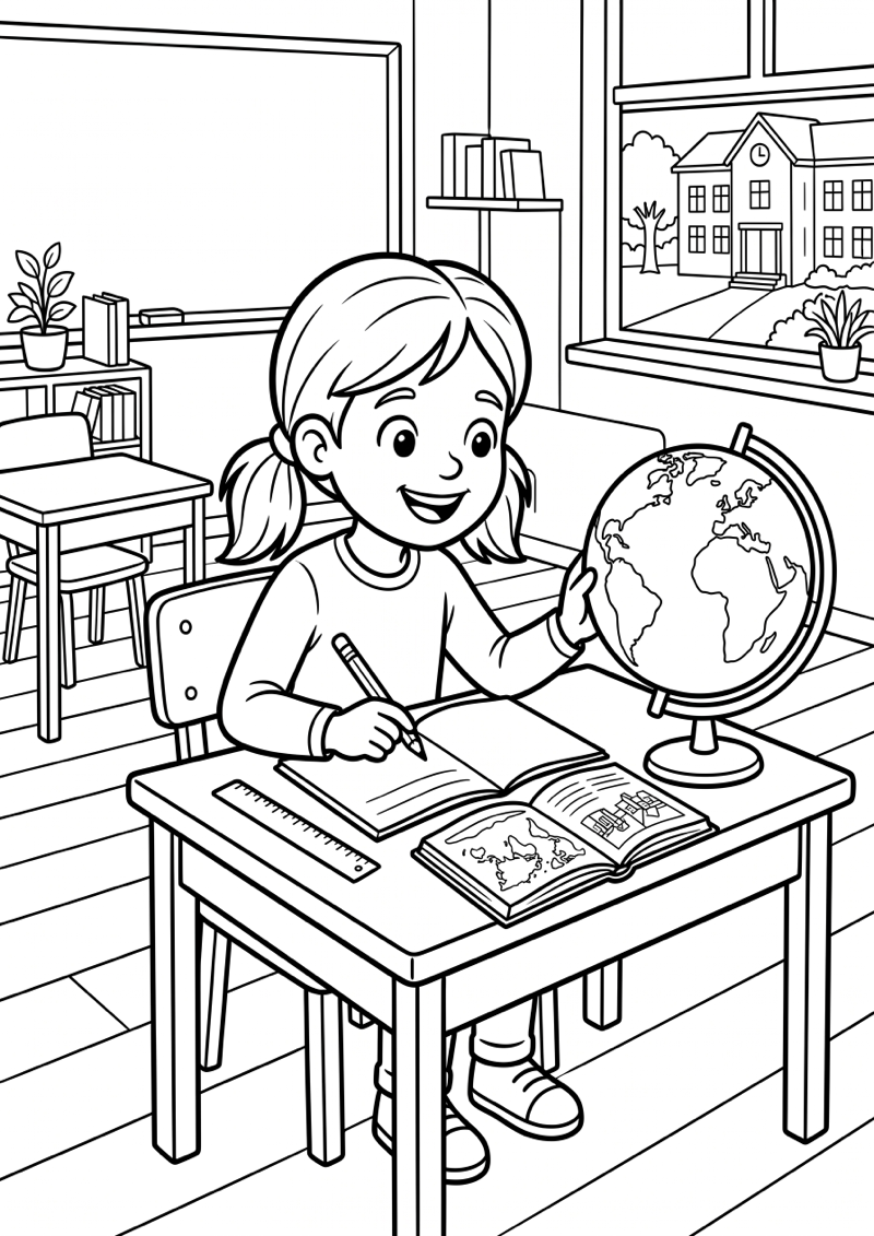 Groep 5 Meisje met Wereldbol Kleurplaat — gratis kleurplaat printen