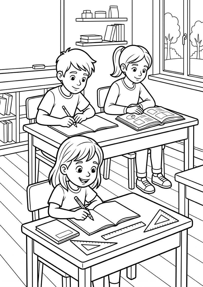Groep 6 Kinderen in Klas Kleurplaat — gratis kleurplaat printen