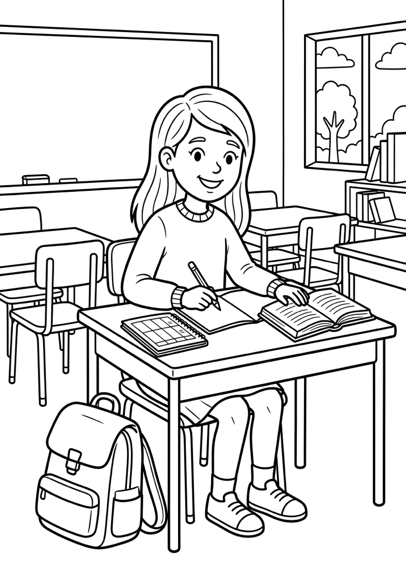 Groep 8 Meisje met Rugzak Kleurplaat — gratis kleurplaat printen