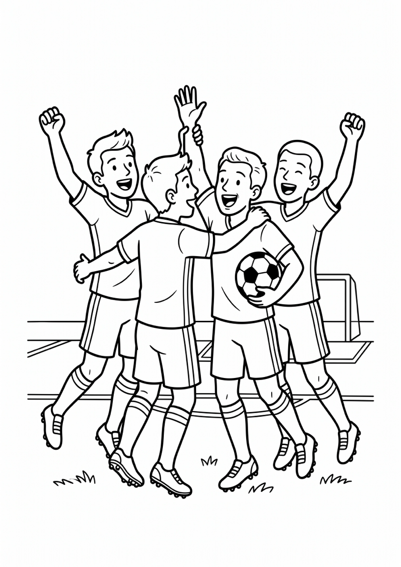 Groep Juichende Spelers Na Overwinning Kleurplaat — gratis kleurplaat printen