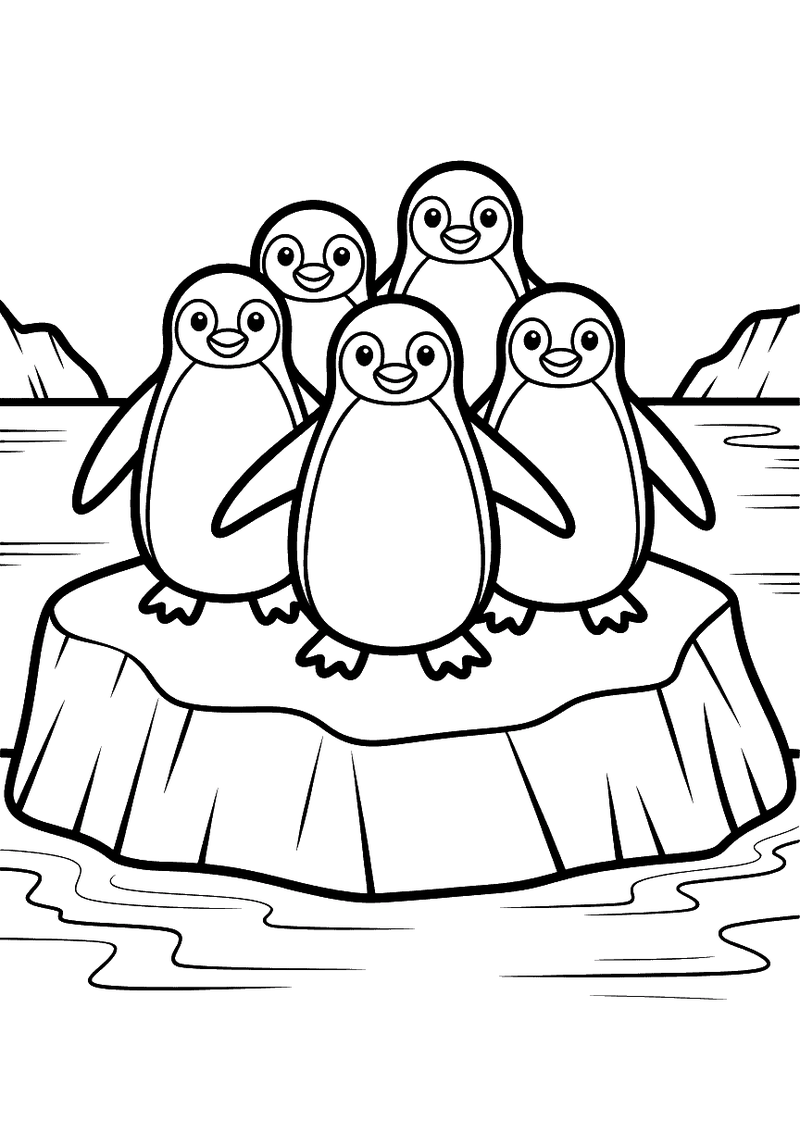Kleurplaat van vijf lachende pinguins die naast en achter elkaar op een drijvende ijsschots staan, omgeven door poolwate