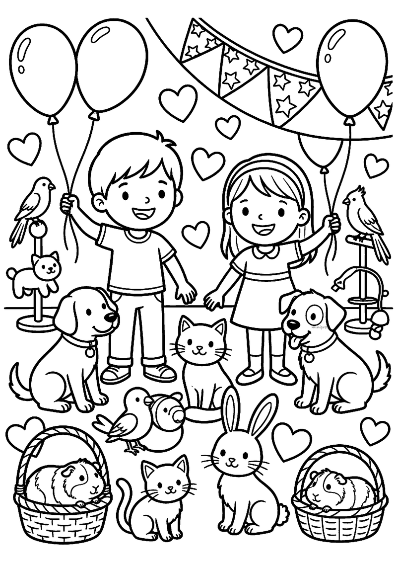 Kleurplaat van een jongen en meisje met ballonnen tussen honden, katten, een konijn, vogels en cavia's in mandjes