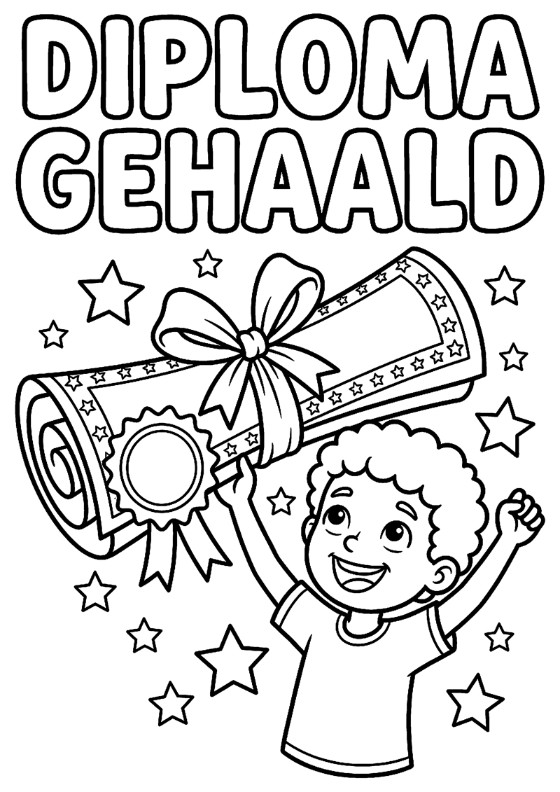 Groot Diploma met Strik Sterren en Juichend Kind met Tekst Diploma Gehaald Geslaagd Kleurplaat — gratis kleurplaat