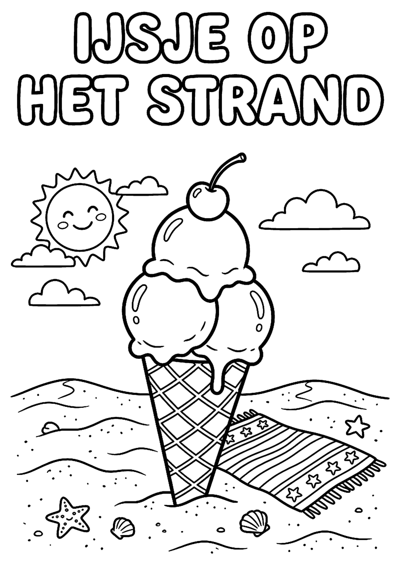 Groot Ijsje op Strand met Zon en Handdoek met Tekst Ijsje op het Strand Strand Kleurplaat — gratis kleurplaat printen