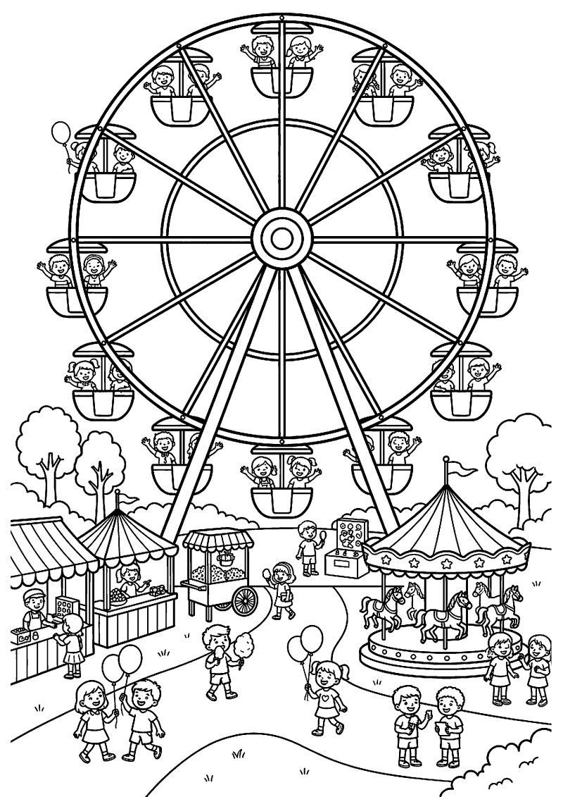 Groot reuzenrad op kermis met kinderen kleurplaat — gratis kleurplaat