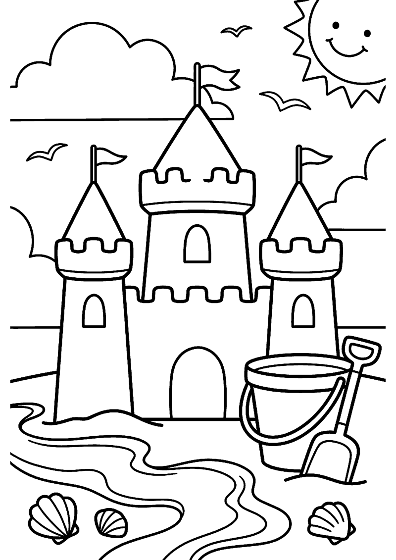 Groot Zandkasteel met Emmer en Schep Strand Kleurplaat — gratis kleurplaat printen