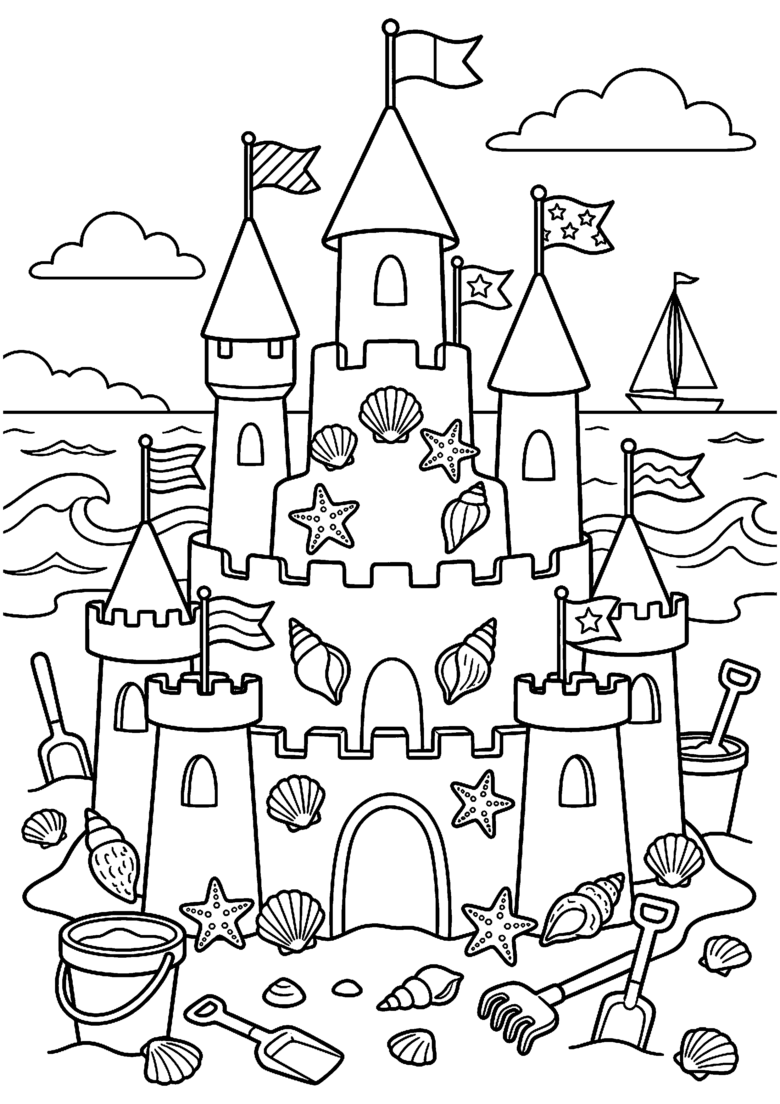 Groot zandkasteel met schelpen en vlaggen kleurplaat — gratis kleurplaat