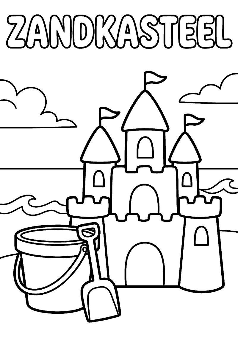 Groot Zandkasteel met Schep en Emmer met Tekst Zandkasteel Strand Kleurplaat — gratis kleurplaat printen