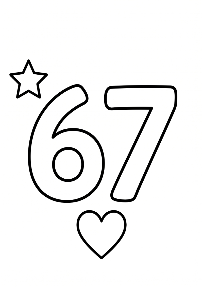 Grote 67 met Hartje en Ster Kleurplaat — gratis kleurplaat