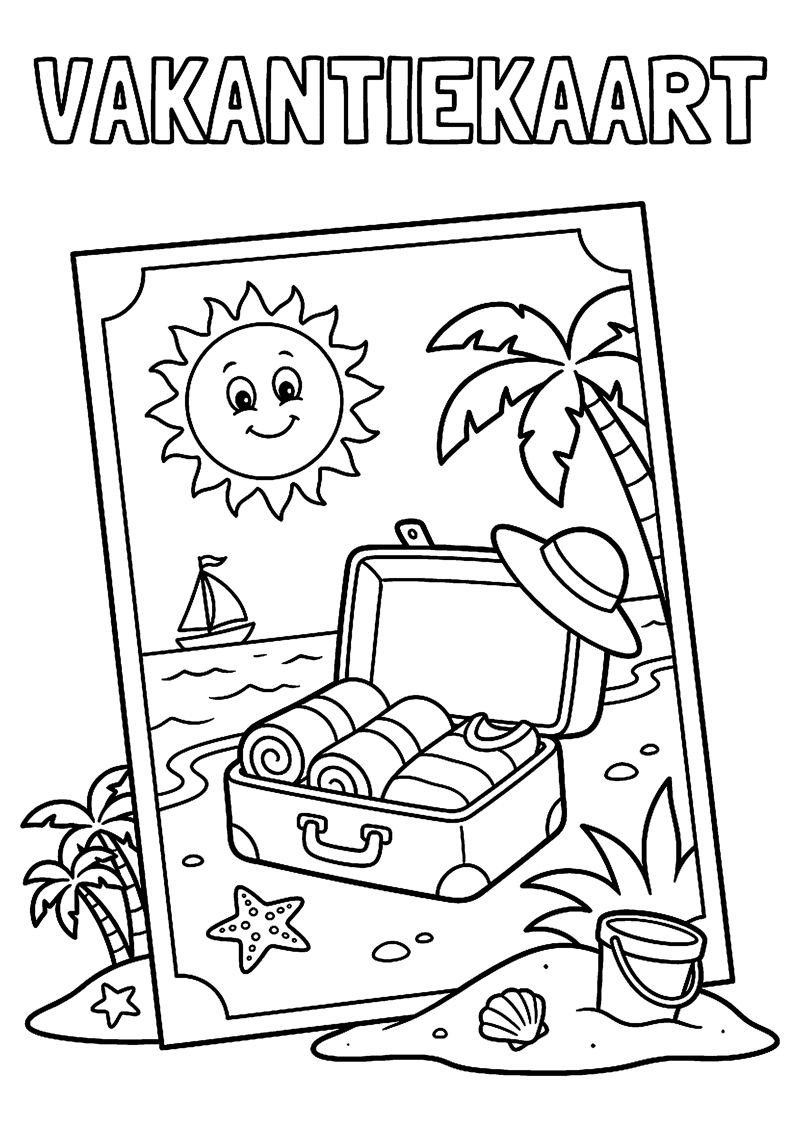 Grote Ansichtkaart met Zon Koffer en Zee met Tekst Vakantiekaart Vakantie Kleurplaat — gratis kleurplaat printen