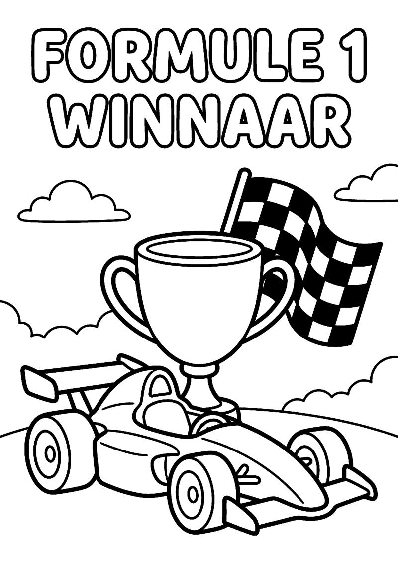Grote Beker met Raceauto en Finishvlag met Tekst Formule 1 Winnaar Formule 1 Kleurplaat — gratis kleurplaat printen