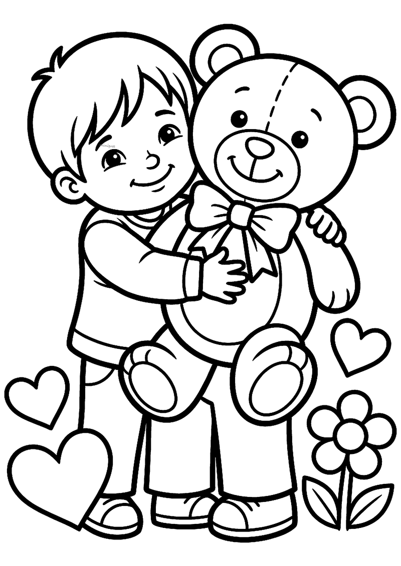 Kleurplaat van een jongen die een grote teddybeer met strik omhelst, met hartjes en een bloem