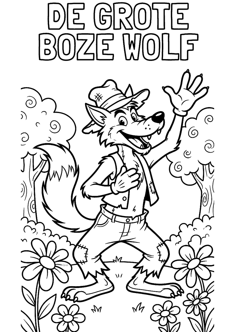 Kleurplaat van de grote boze wolf met hoed en gelapte kleren, zwaaiend tussen bomen en bloemen