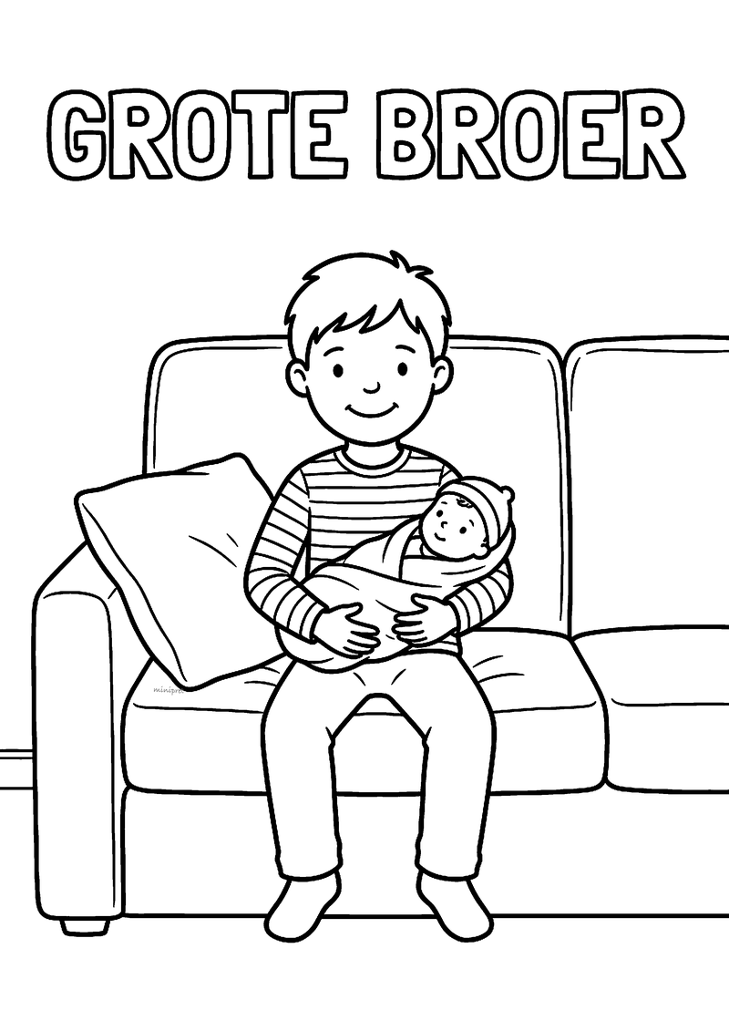Kleurplaat van een jongen in gestreepte trui die op de bank een baby met mutsje vasthoudt, met de tekst Grote broer