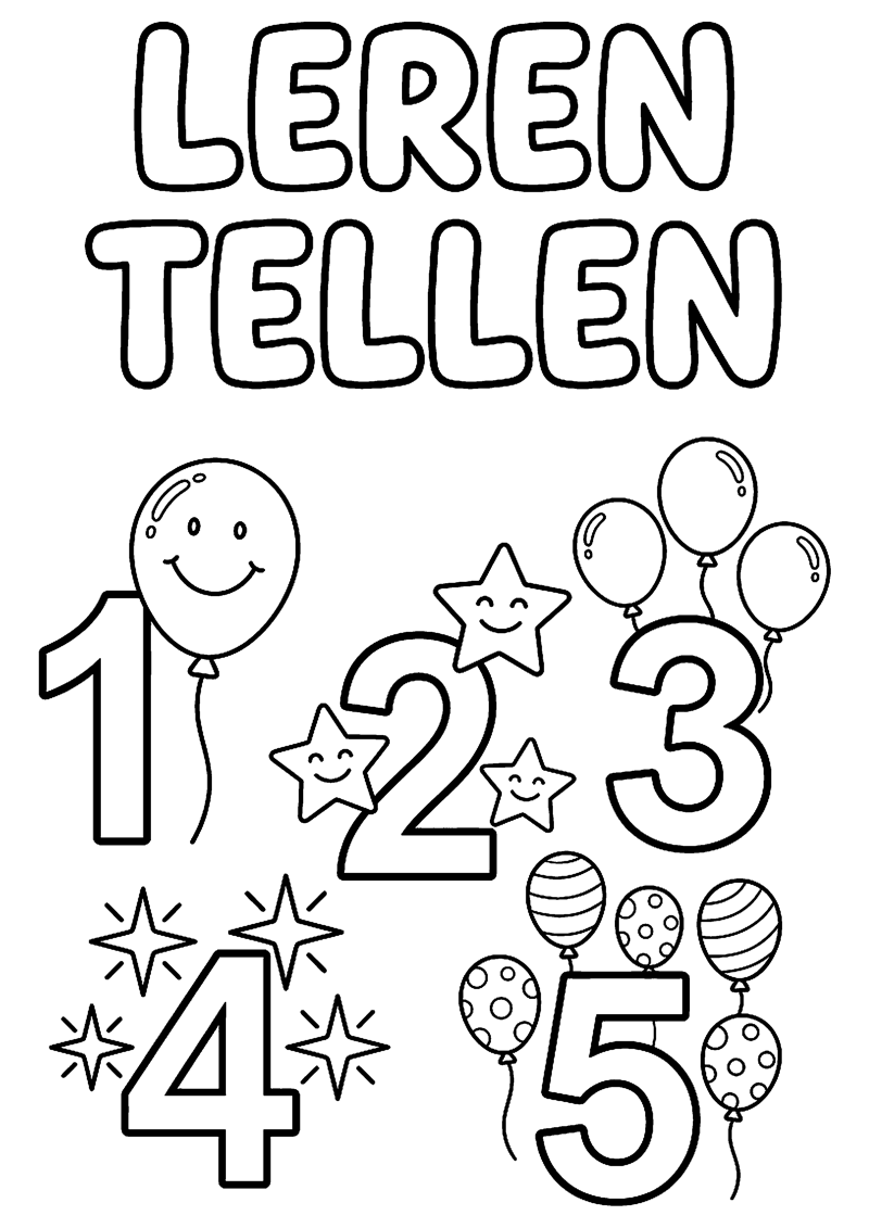 Grote Cijfers met Paar Telbare Voorwerpen Zoals Sterren of Ballonnen met Tekst Leren Tellen Nummers Kleurplaat — gratis kleurplaat printen