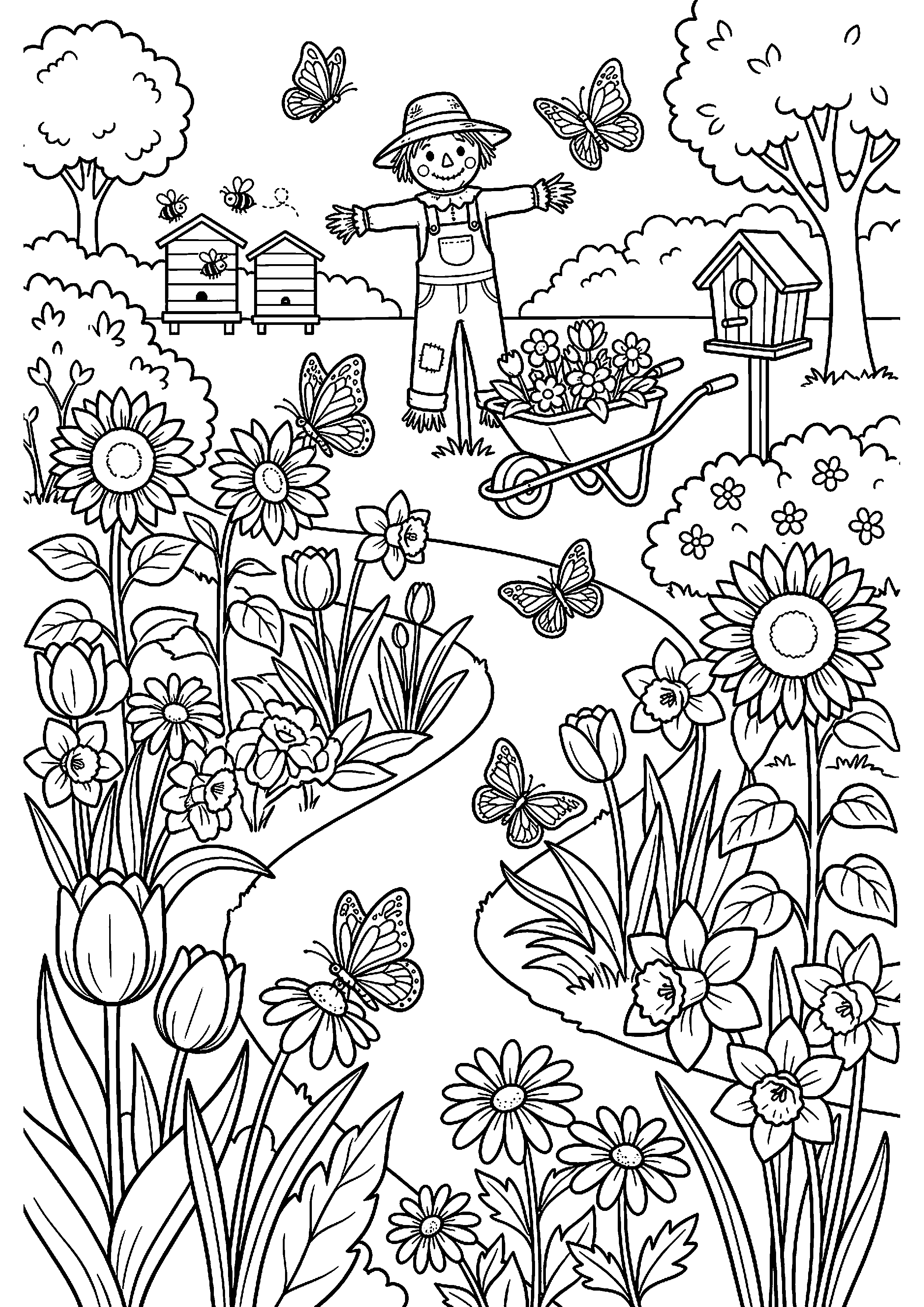 Grote lentetuin met bloemen en vlinders kleurplaat — gratis kleurplaat