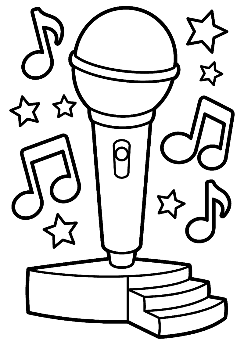 Grote Microfoon met Muzieknoten Sterretjes en Simpel Podium Eurovisie Kleurplaat — gratis kleurplaat printen