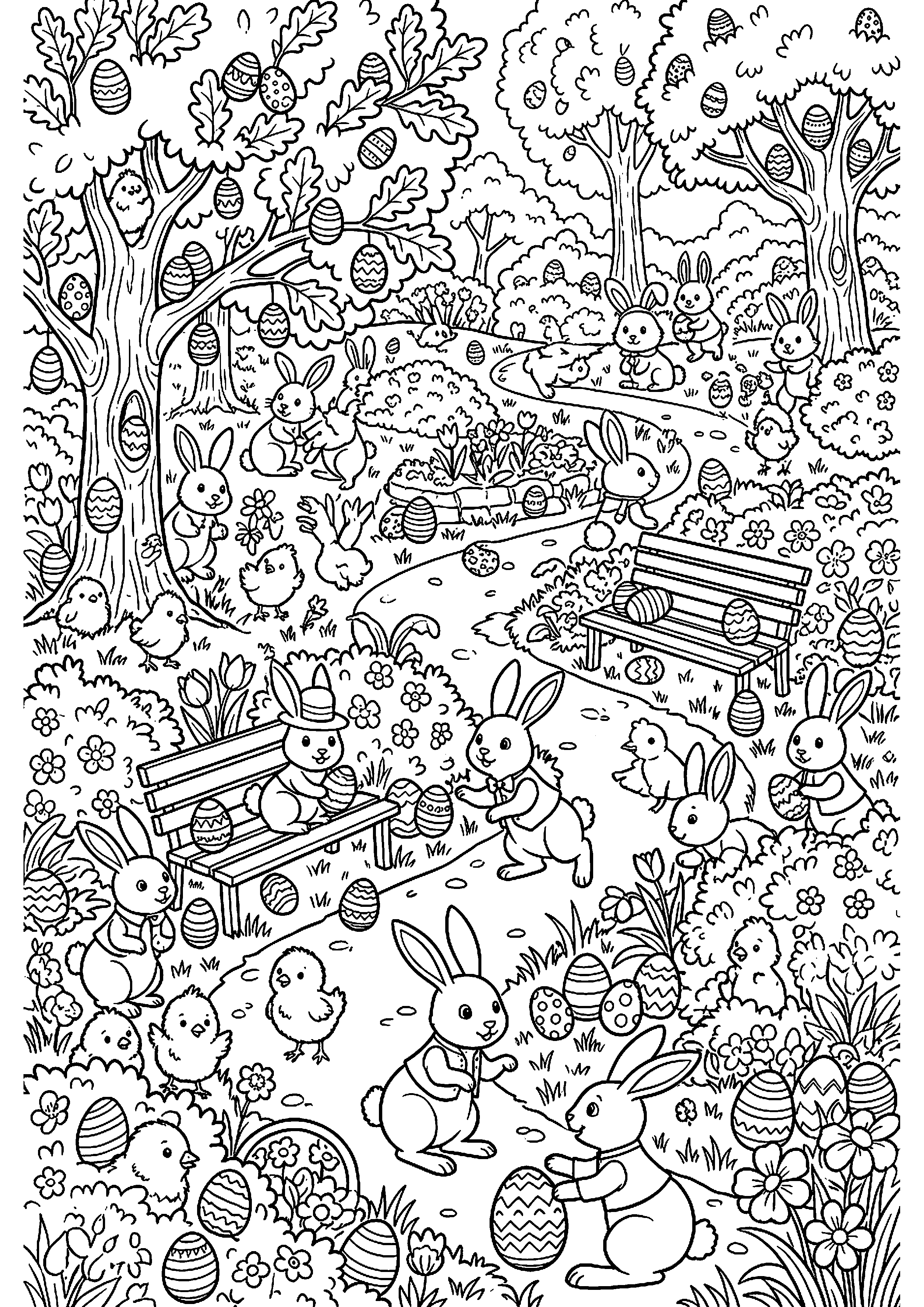 Grote paaseierenjacht in park met konijnen en kuikens kleurplaat — gratis kleurplaat
