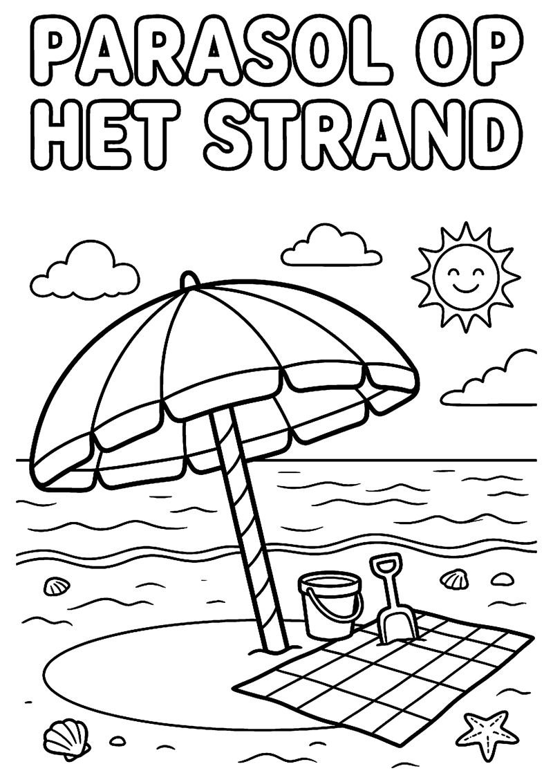 Grote Parasol op Strand met Zee op Achtergrond met Tekst Parasol op het Strand Strand Kleurplaat — gratis kleurplaat printen