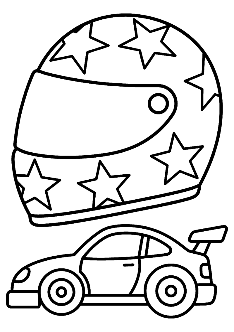 Grote Racehelm met Sterretjes en Kleine Raceauto Eronder Formule 1 Kleurplaat — gratis kleurplaat printen