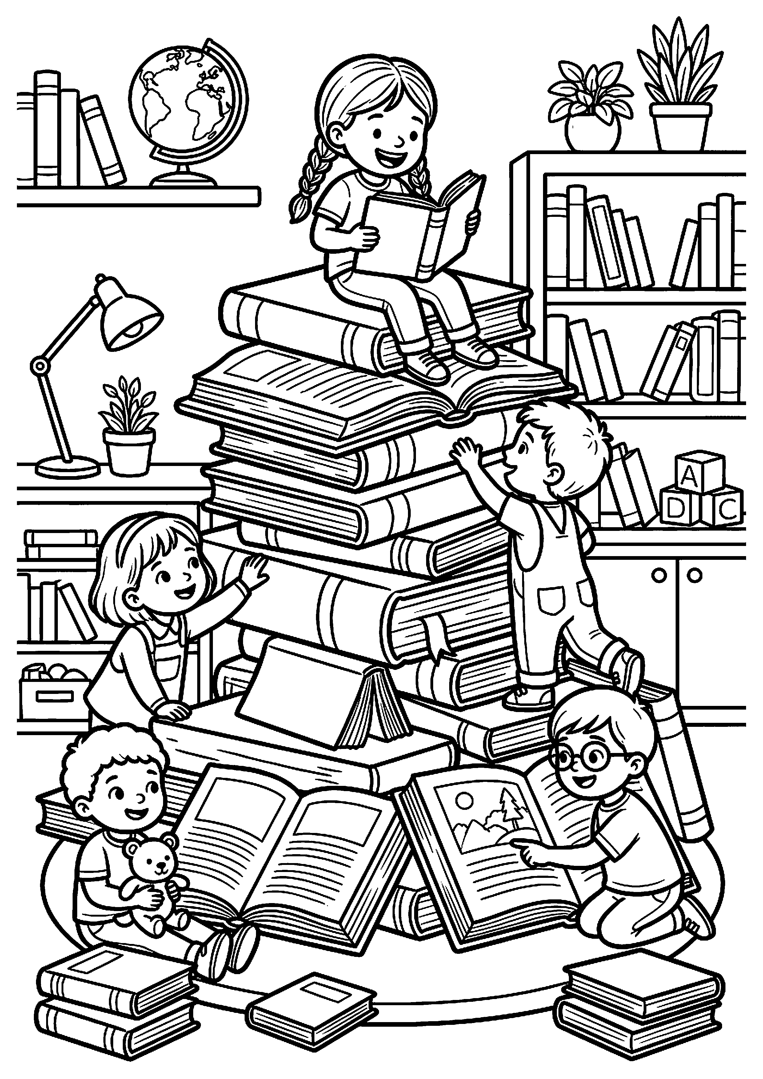 Grote stapel boeken met kinderen eromheen kleurplaat