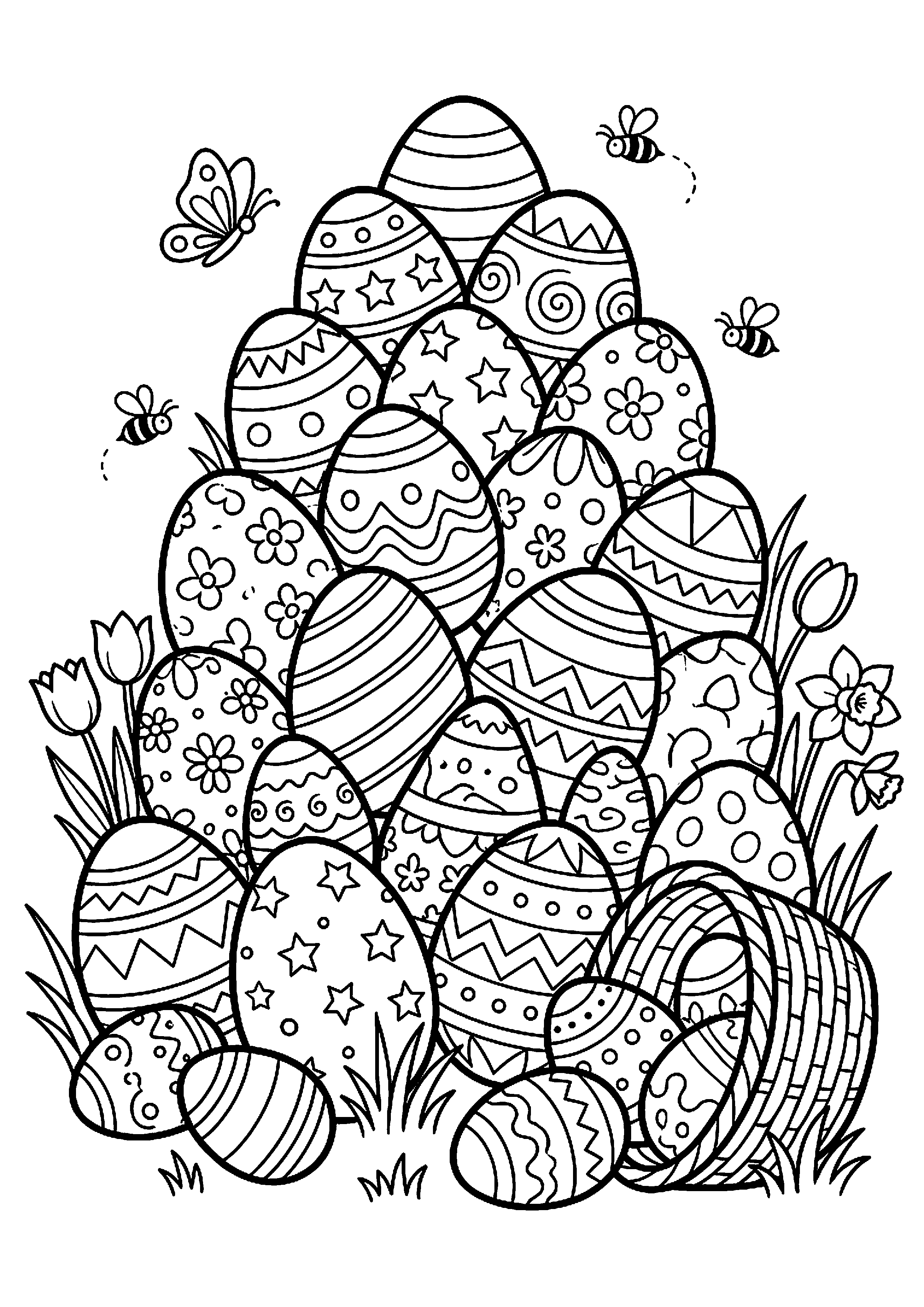 Grote stapel versierde paaseieren kleurplaat — gratis kleurplaat