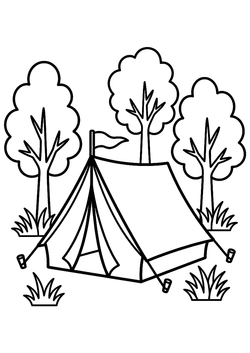 Grote Tent met Bomen en Gras Kamperen Kleurplaat — gratis kleurplaat printen
