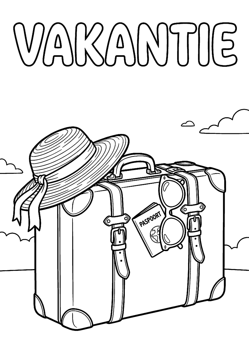 Grote Vakantiekoffer met Zonnehoed Zonnebril en Paspoort met Tekst Vakantie Vakantie Kleurplaat — gratis kleurplaat printen